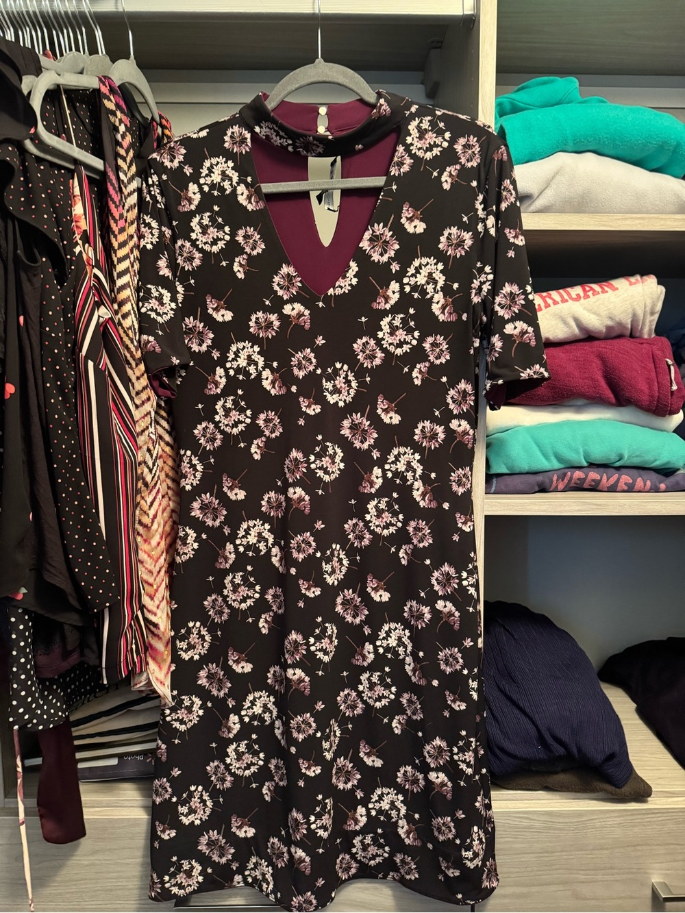 White House Black Market Black Floral V-Neck Dress with Maroon Inset